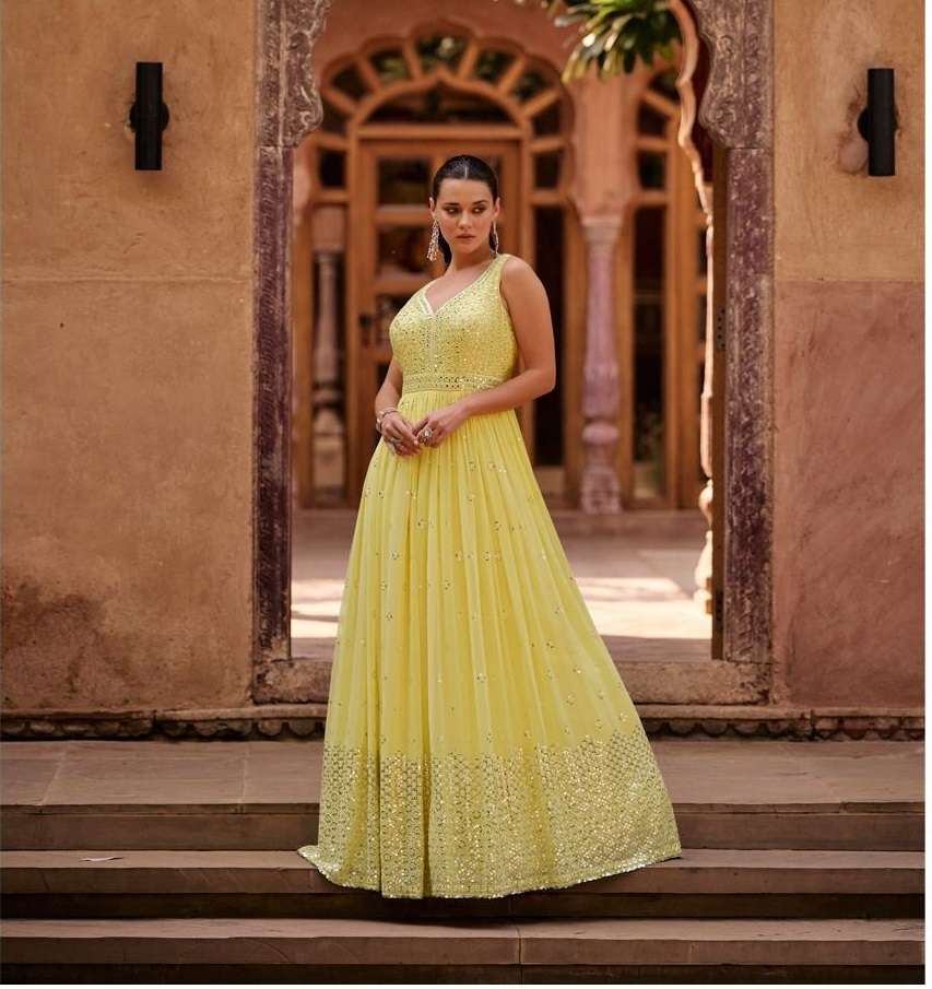 DESIGNER WEDDING PARTY WEAR REAL GEORGETTE YELLOW ANARKALI SALWAR SUIT GOWN COLLECTION SY KAVYA 5425