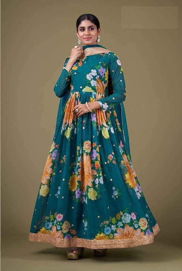 DESIGNER WEDDING PARTY WEAR TEAL BLUE GEORGETTE ANARKALI SALWAR SUIT GOWN WITH DUAPTTA AAWIYA 6016