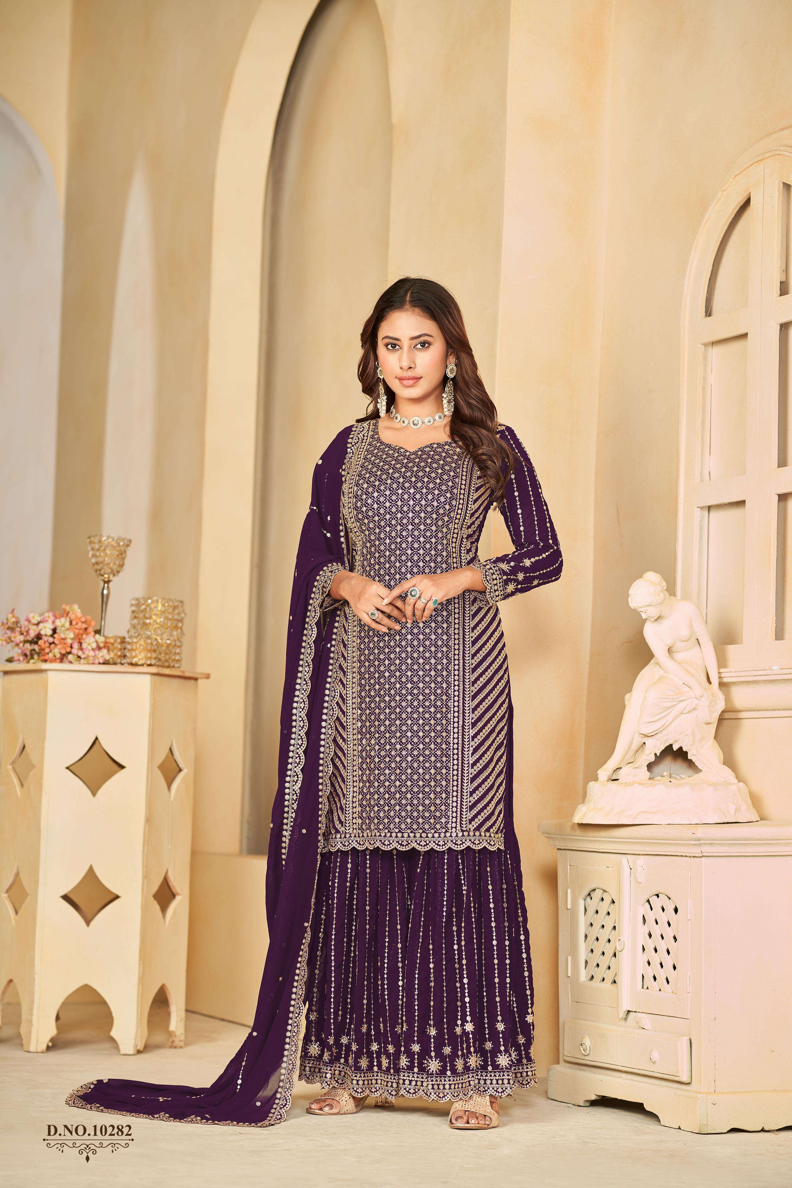 DESIGNER WEDDING PARTY WEAR WINE FAUX GEORGETTE TOP SHARARA SALWAR SUIT ANJB 10282