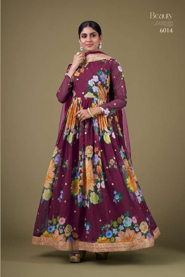 DESIGNER WEDDING PARTY WEAR WINE GEORGETTE ANARKALI SALWAR SUIT GOWN WITH DUAPTTA AAWIYA 6014