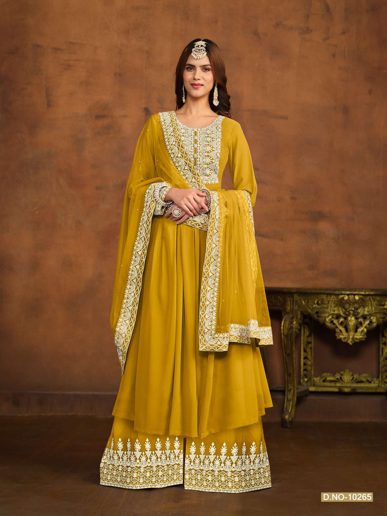 DESIGNER WEDDING PARTY WEAR YELLOW GEORGETTE TOP SHARARA FANCY PALAZZO SALWAR SUIT ANJB 10265