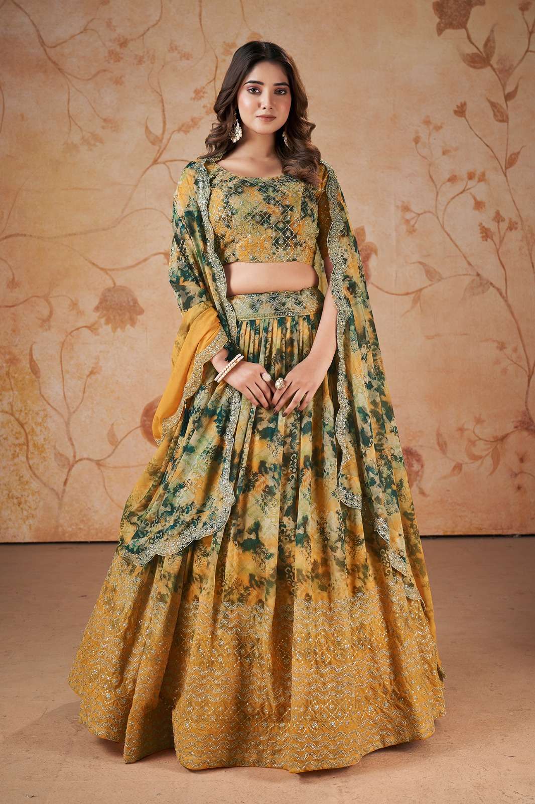 INDIAN BOLLYWOOD DESIGNER PRINTED FANCY WEDDING PARTY WEAR YELLOW GEORGETTE LEHENGA SEQUENCE WORK AHVN 7501