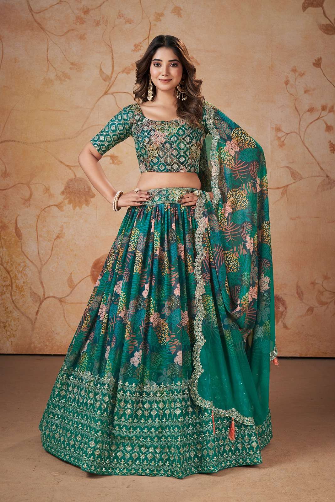 INDIAN BOLLYWOOD DESIGNER PRINTED FANCY WEDDING PARTY WEAR GREEN GEORGETTE LEHENGA SEQUENCE WORK AHVN 7502