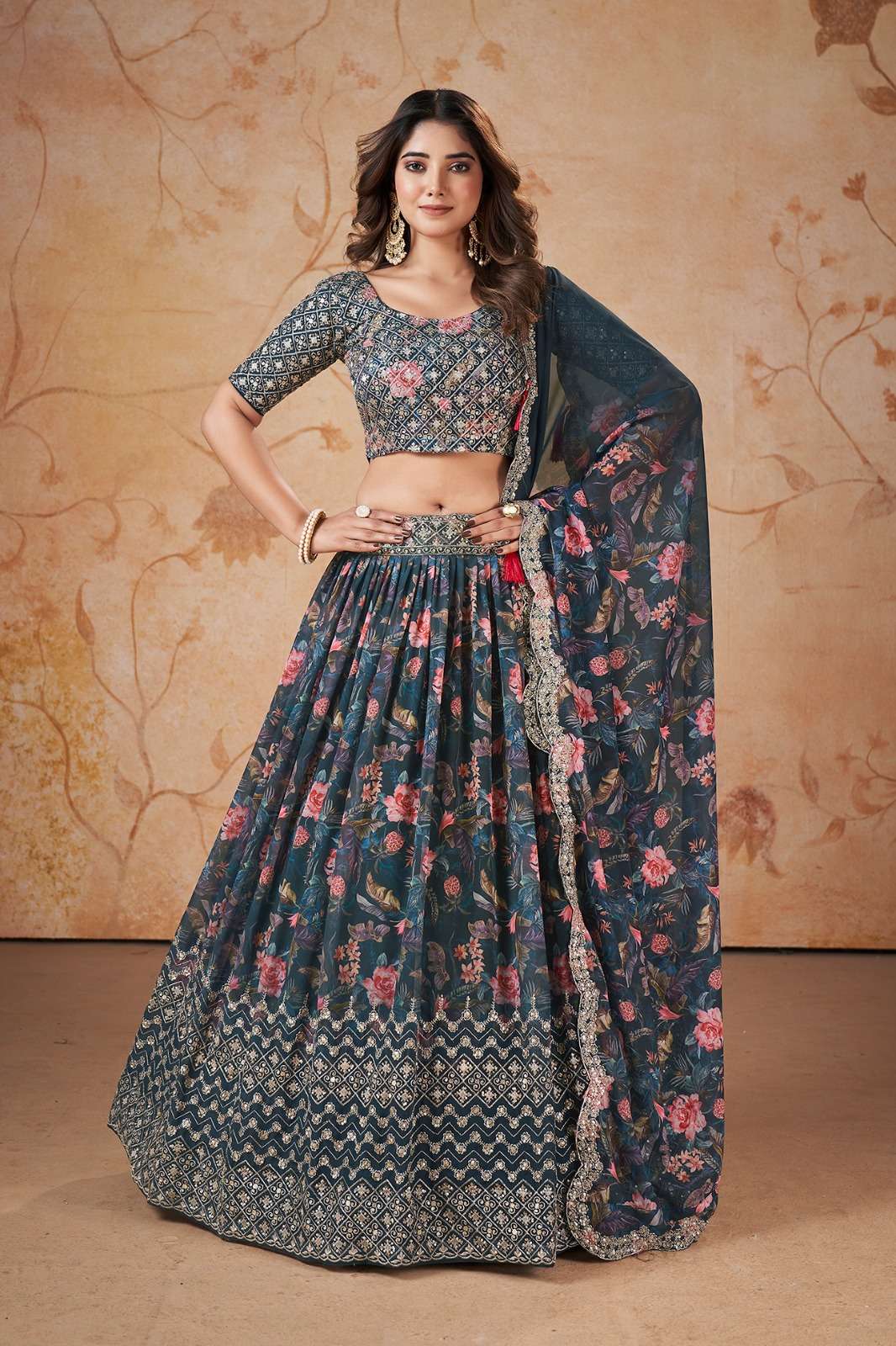 INDIAN BOLLYWOOD DESIGNER PRINTED FANCY WEDDING PARTY WEAR BLUE GEORGETTE LEHENGA SEQUENCE WORK AHVN 7503