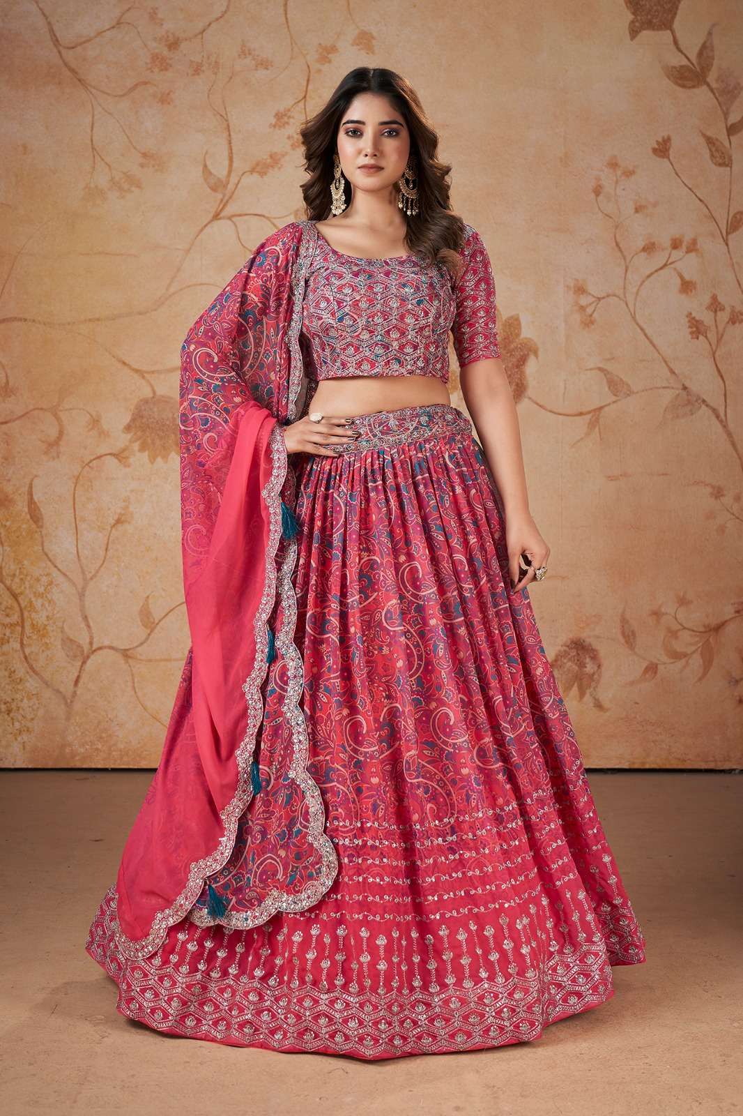 INDIAN BOLLYWOOD DESIGNER PRINTED FANCY WEDDING PARTY WEAR PINK GEORGETTE LEHENGA SEQUENCE WORK AHVN 7504