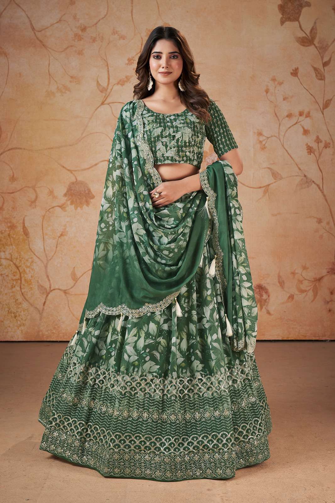 INDIAN BOLLYWOOD DESIGNER PRINTED FANCY WEDDING PARTY WEAR GREEN GEORGETTE LEHENGA SEQUENCE WORK AHVN 7505