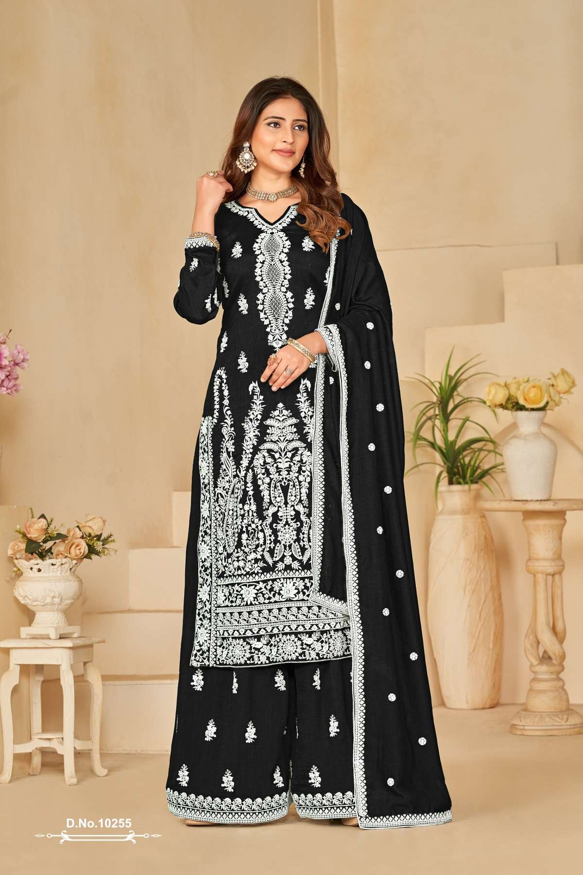 INDIAN DESIGNER FANCY WEDDING PARTY WAE ART SILK BLACK STRAIGHT PLAZZO SALWAR SUIT ANJB 10255