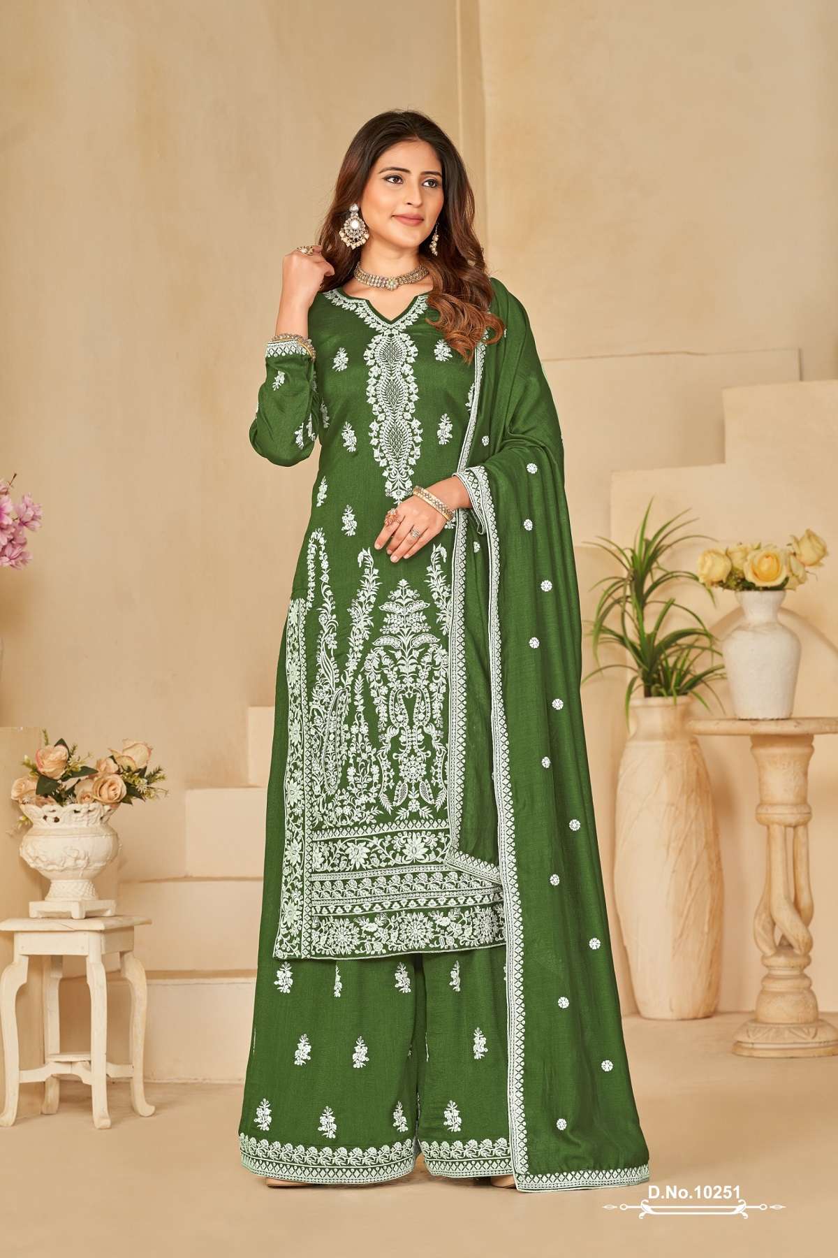 INDIAN DESIGNER FANCY WEDDING PARTY WAE ART SILK GREEN STRAIGHT PLAZZO SALWAR SUIT ANJB 10251