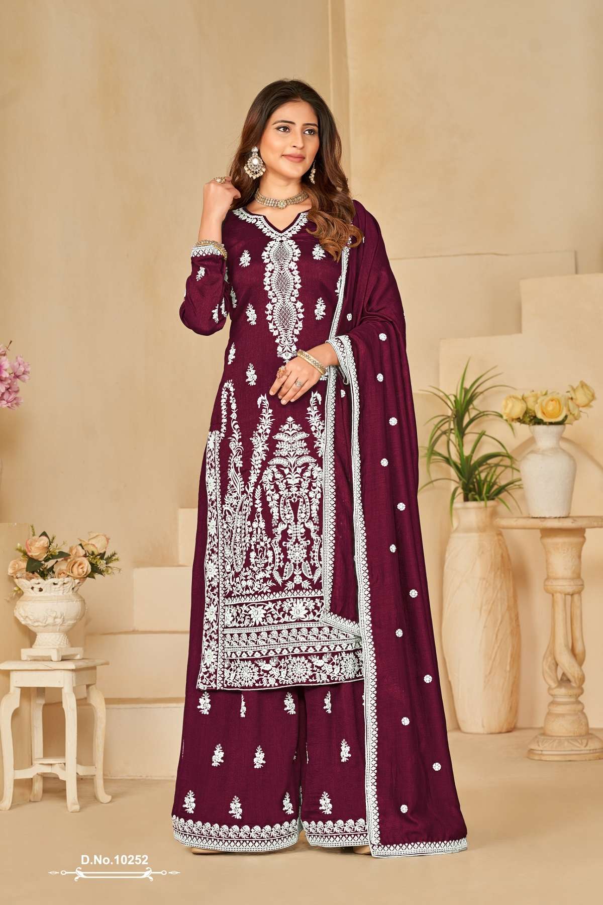 INDIAN DESIGNER FANCY WEDDING PARTY WAE ART SILK MAROON STRAIGHT PLAZZO SALWAR SUIT ANJB 10252