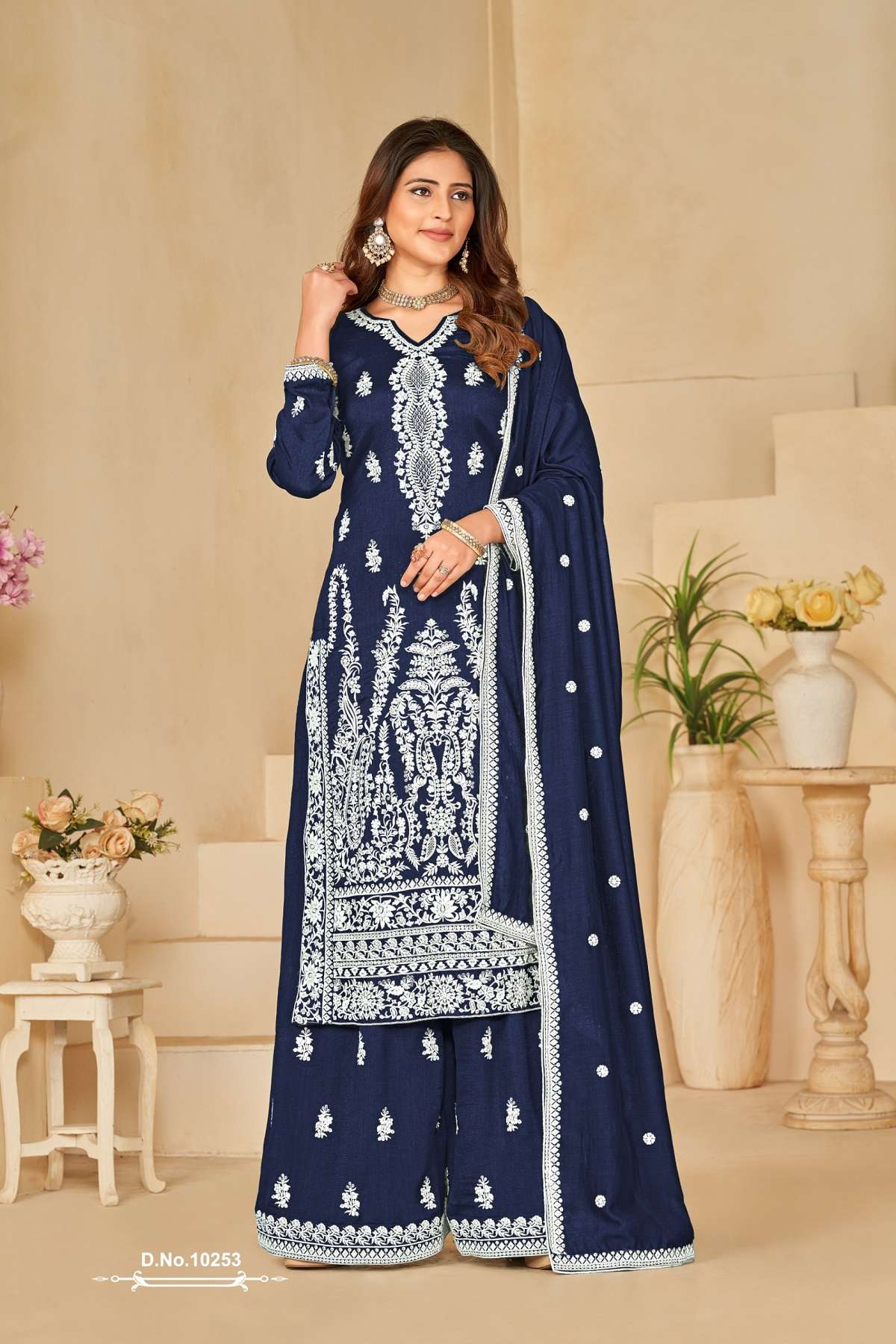 INDIAN DESIGNER FANCY WEDDING PARTY WAE ART SILK STRAIGHT PLAZZO SALWAR SUIT ANJB 10253