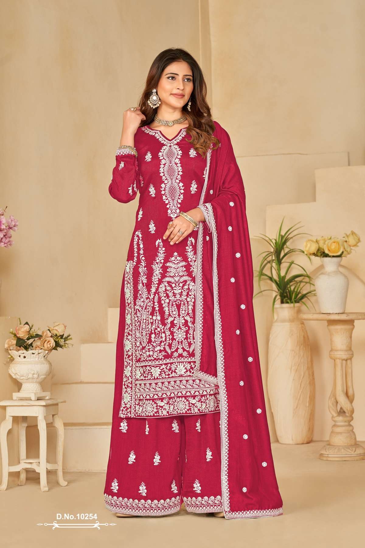 INDIAN DESIGNER FANCY WEDDING PARTY WAE ART SILK STRAIGHT PLAZZO SALWAR SUIT ANJB 10254