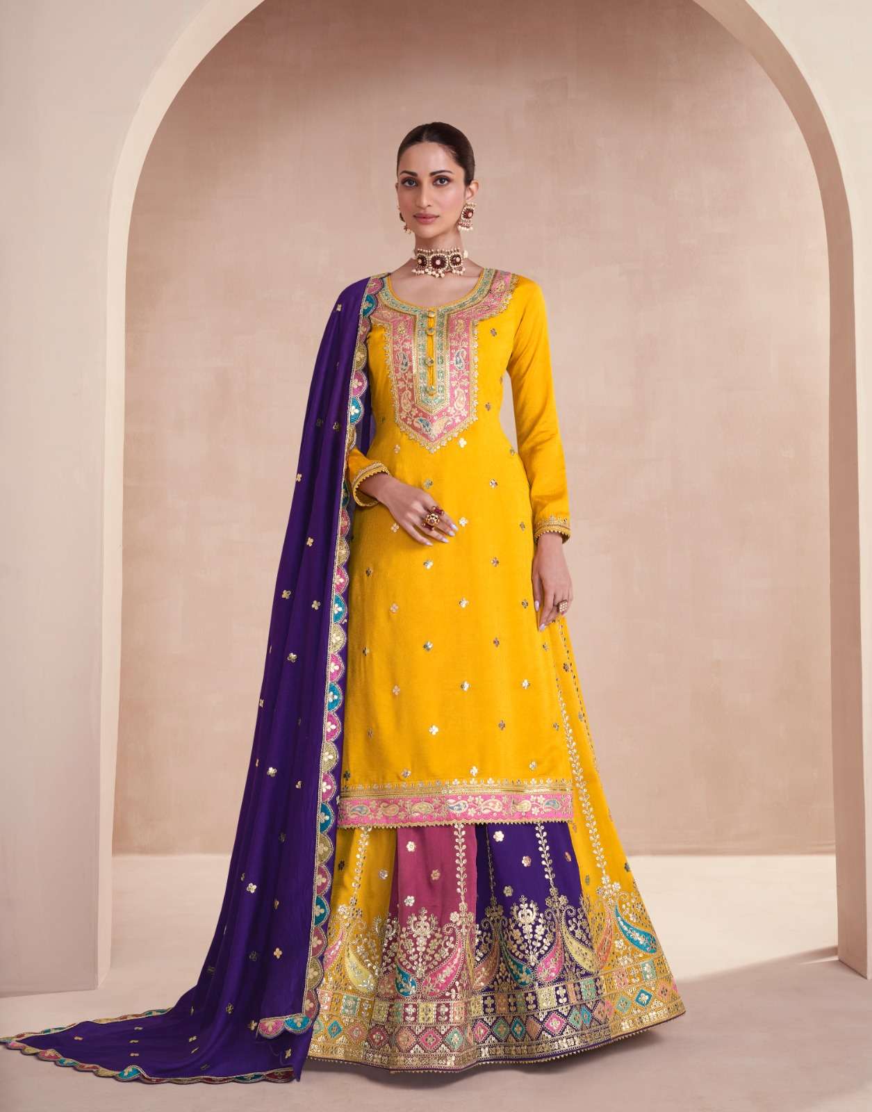 INDIAN DESIGNER FANCY WEDDING PARTY WEAR PREMIUM SILK YELLOW SHARARA PALLAZO SALWAR SUIT AF GULBAUG 9832