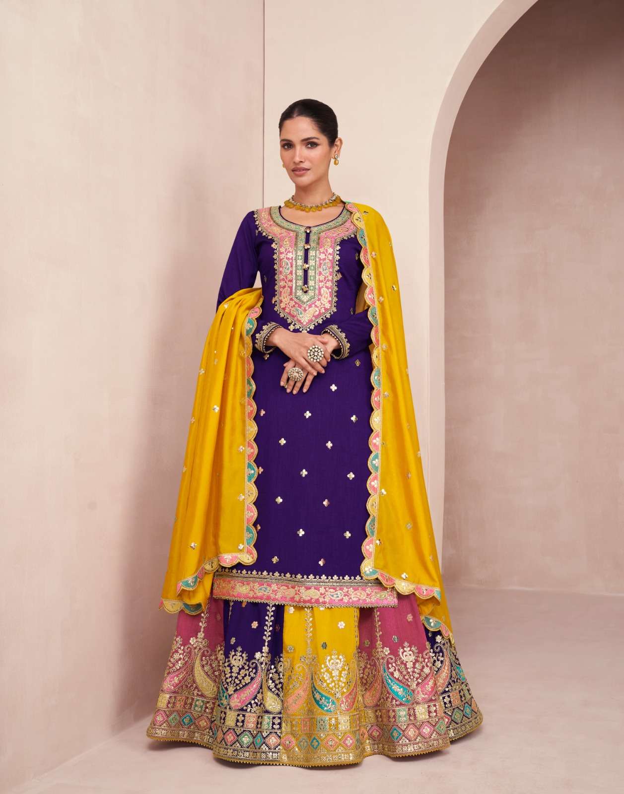 INDIAN DESIGNER FANCY WEDDING PARTY WEAR PREMIUM SILK PURPLE SHARARA PALLAZO SALWAR SUIT AF GULBAUG 9833