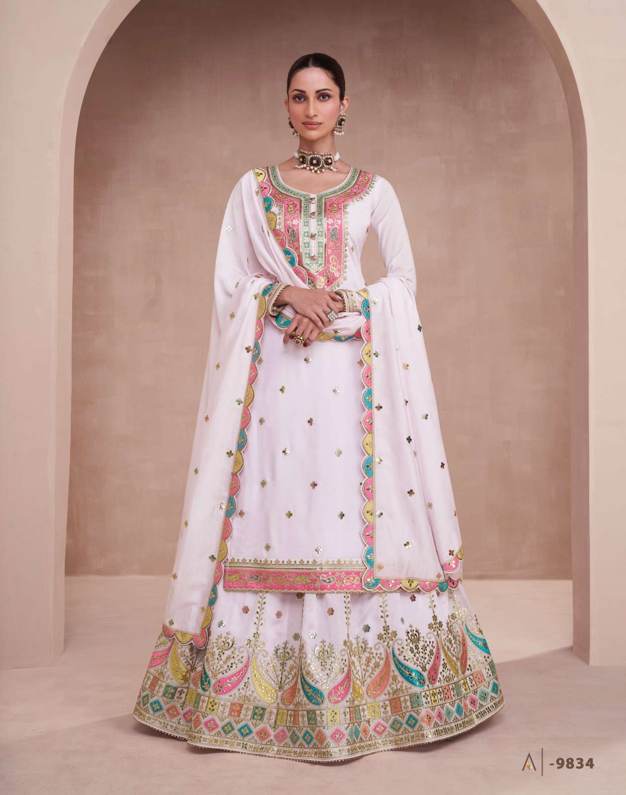 INDIAN DESIGNER FANCY WEDDING PARTY WEAR PREMIUM SILK WHITE SHARARA PALLAZO SALWAR SUIT AF GULBAUG 9834