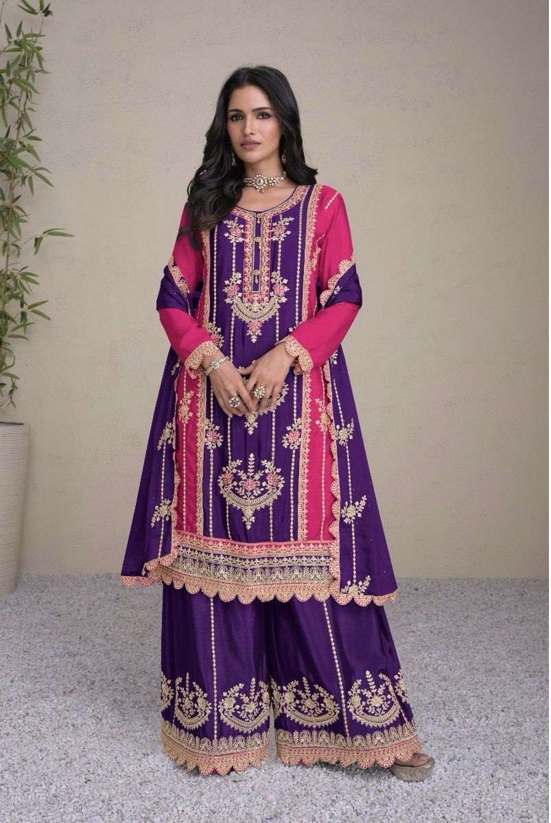 INDIAN DESIGNER FANCY WEDDING PARTY WEAR PURPLE CHINON SILK SHARARA PALLAZO SALWAR SUIT GL SABINA 7444 B