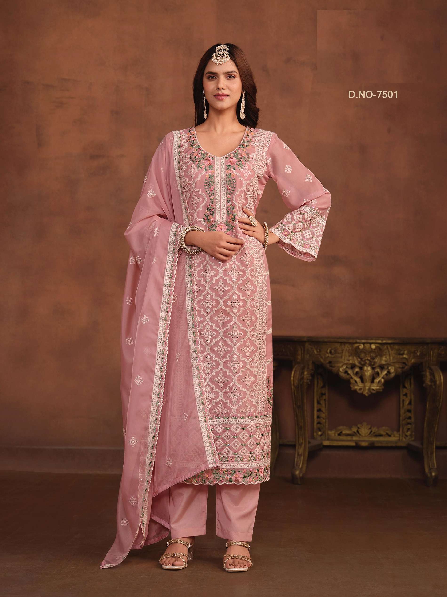 INDIAN DESIGNER FANCY WEDDING PARTY WEAR SOFT ORGANZA PINK STARIGHT SALWAR SUIT ANY 7501