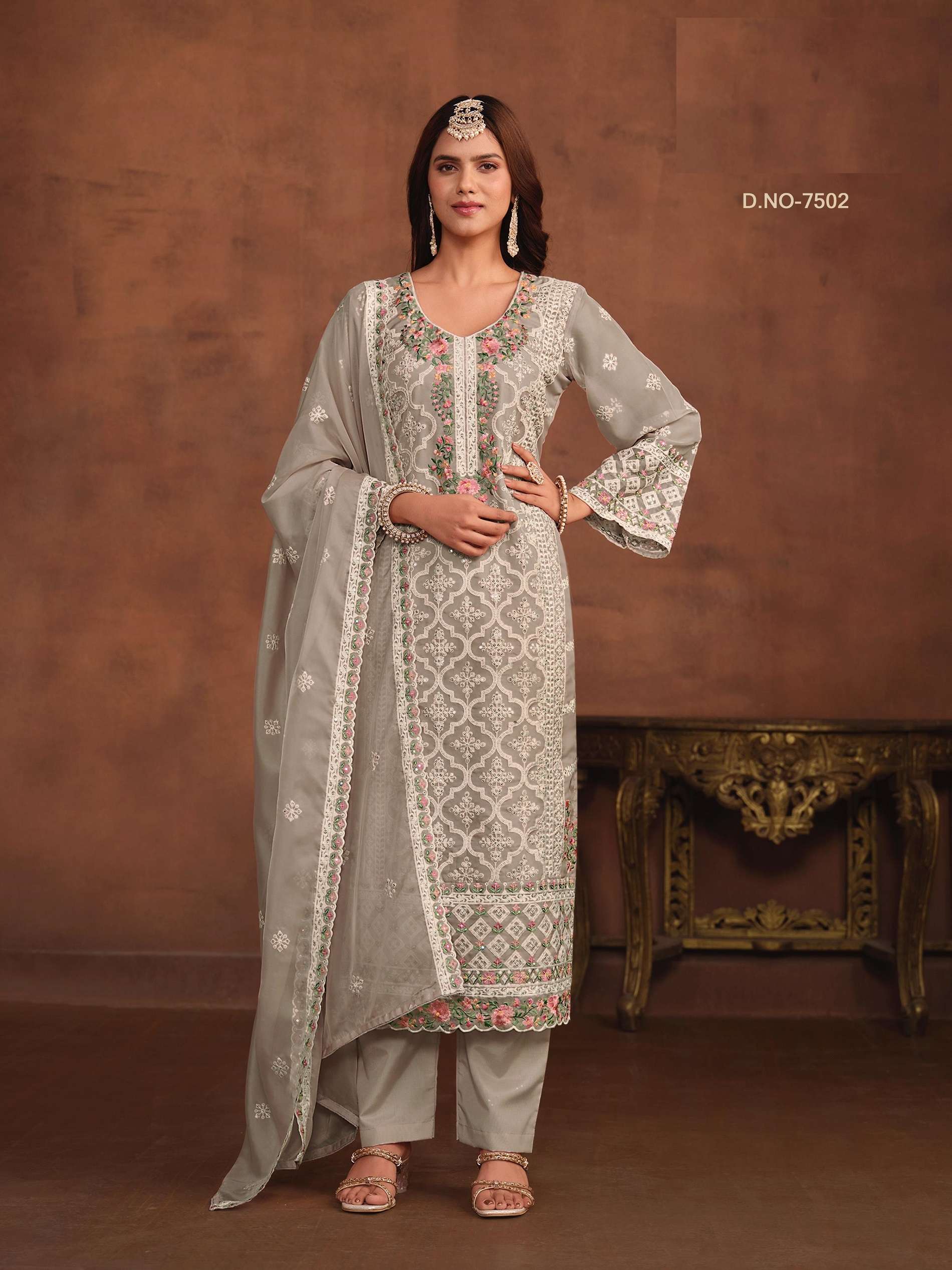 INDIAN DESIGNER FANCY WEDDING PARTY WEAR SOFT ORGANZA GREY STARIGHT SALWAR SUIT ANY 7502