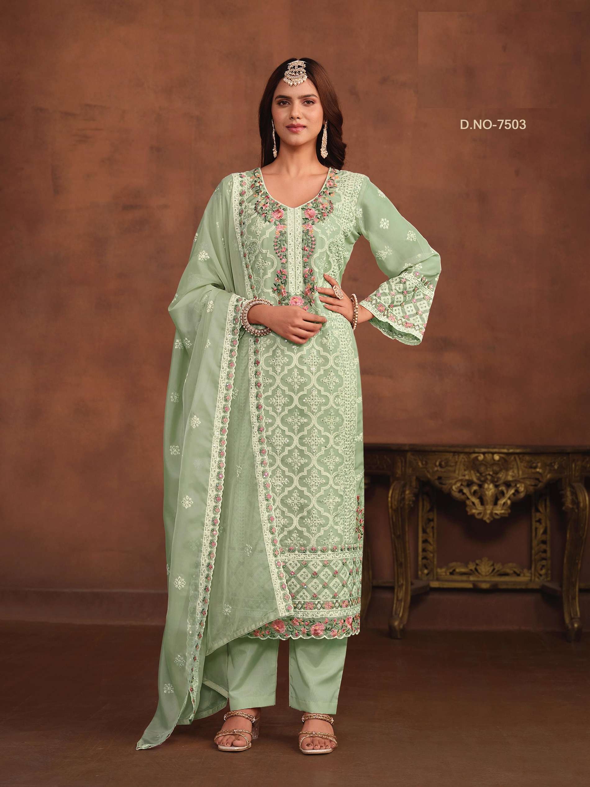 INDIAN DESIGNER FANCY WEDDING PARTY WEAR SOFT ORGANZA GREEN STARIGHT SALWAR SUIT ANY 7503