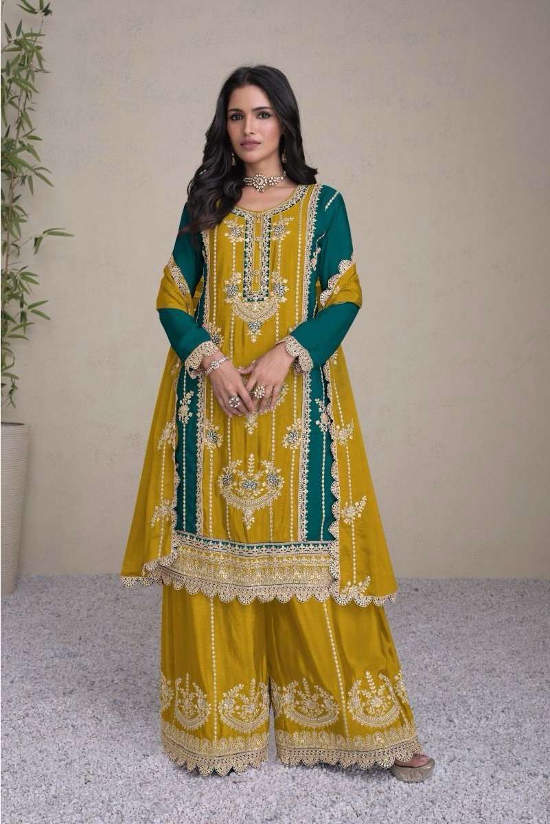 INDIAN DESIGNER FANCY WEDDING PARTY WEAR YELLOW CHINON SILK SHARARA PALLAZO SALWAR SUIT GL SABINA 7444 A