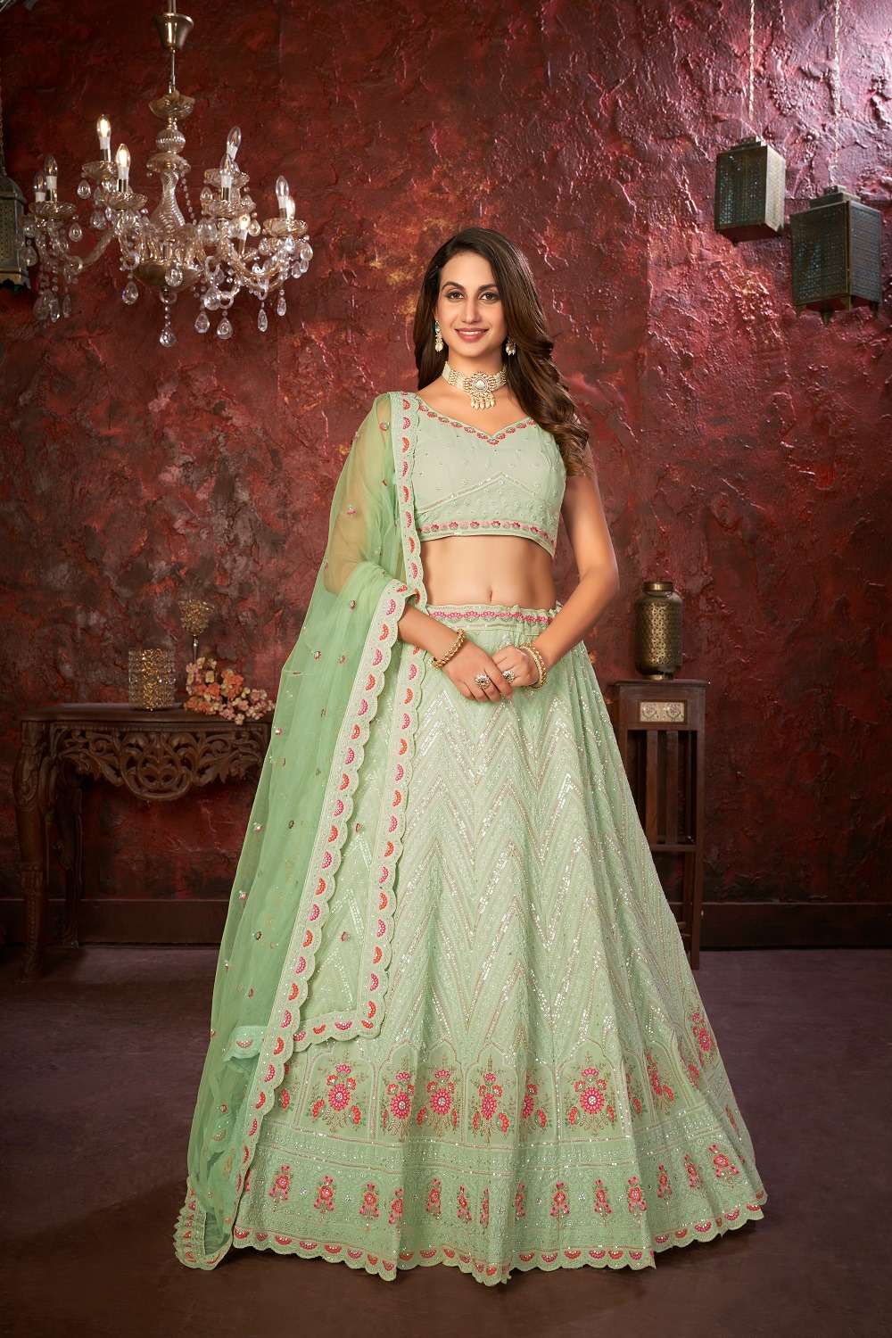 INDIAN DESIGNER PARTY WEAR PURE GEORGETTE GREEN LEHENGA WITH THREAD SEQUENCE JARI WORK NON SM 9006