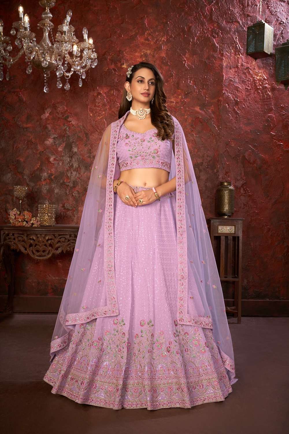 INDIAN DESIGNER PARTY WEAR PURE GEORGETTE LAVENDER LEHENGA WITH THREAD SEQUENCE JARI WORK NON SM 9001