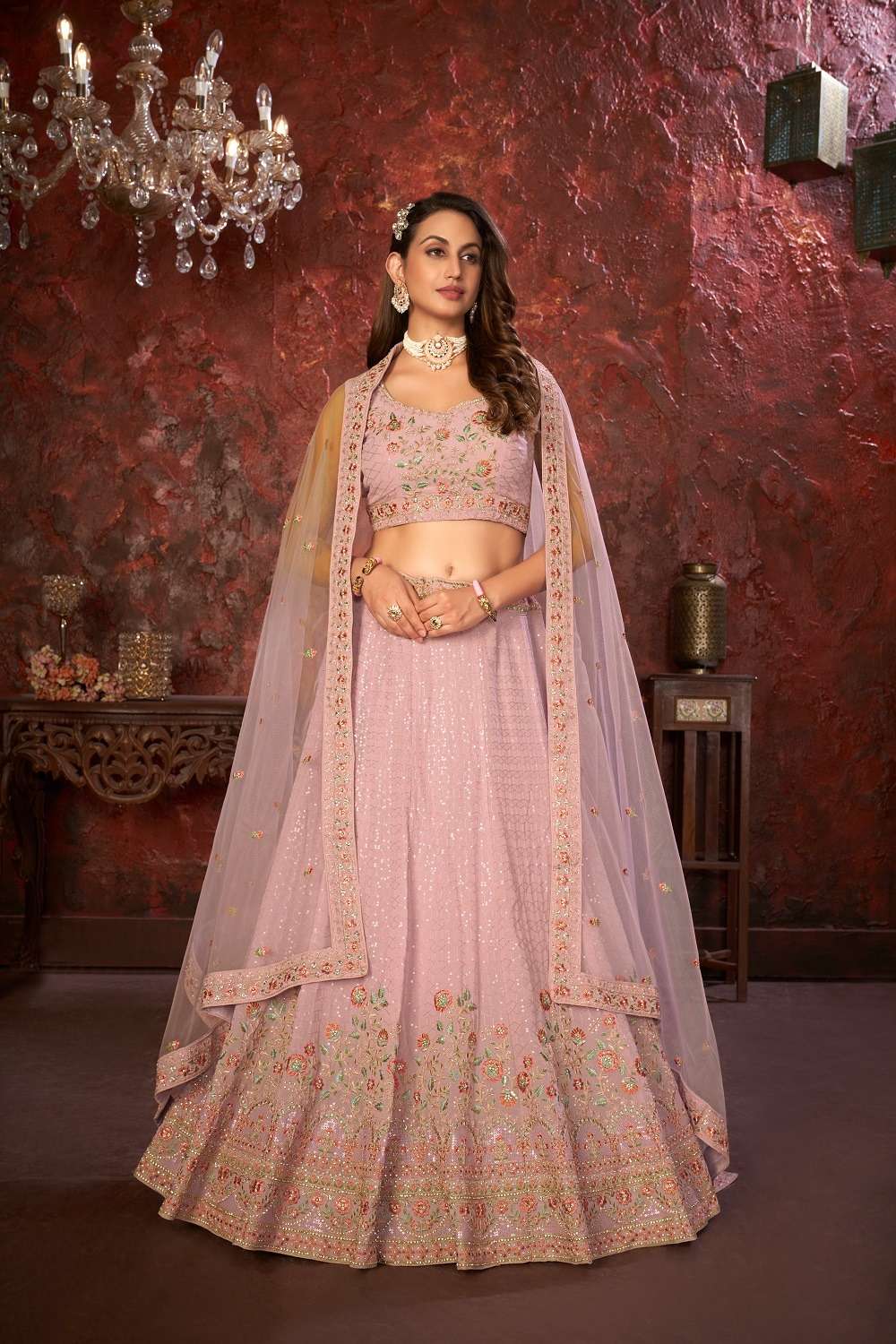 INDIAN DESIGNER PARTY WEAR PURE GEORGETTE PEACE LEHENGA WITH THREAD SEQUENCE JARI WORK NON SM 9003