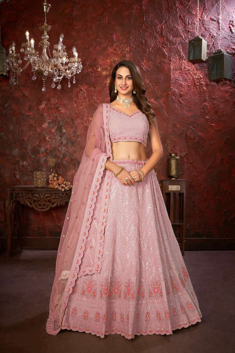 INDIAN DESIGNER PARTY WEAR PURE GEORGETTE PINK LEHENGA WITH THREAD SEQUENCE JARI WORK NON SM 9004