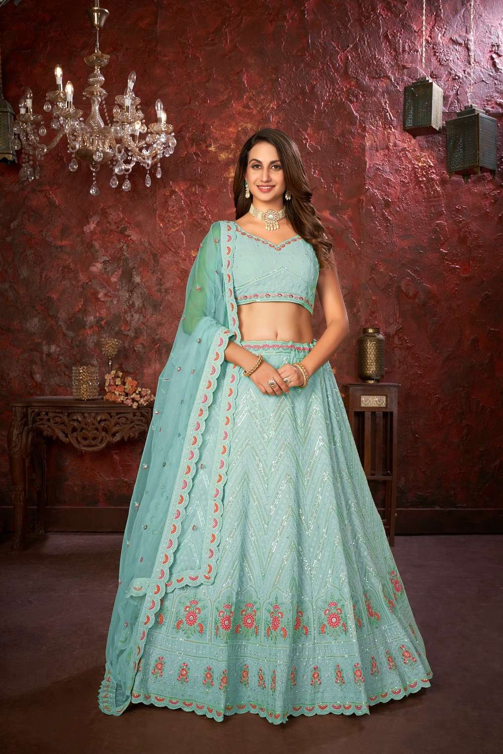 INDIAN DESIGNER PARTY WEAR PURE GEORGETTE SKY BLUE LEHENGA WITH THREAD SEQUENCE JARI WORK NON SM 9005