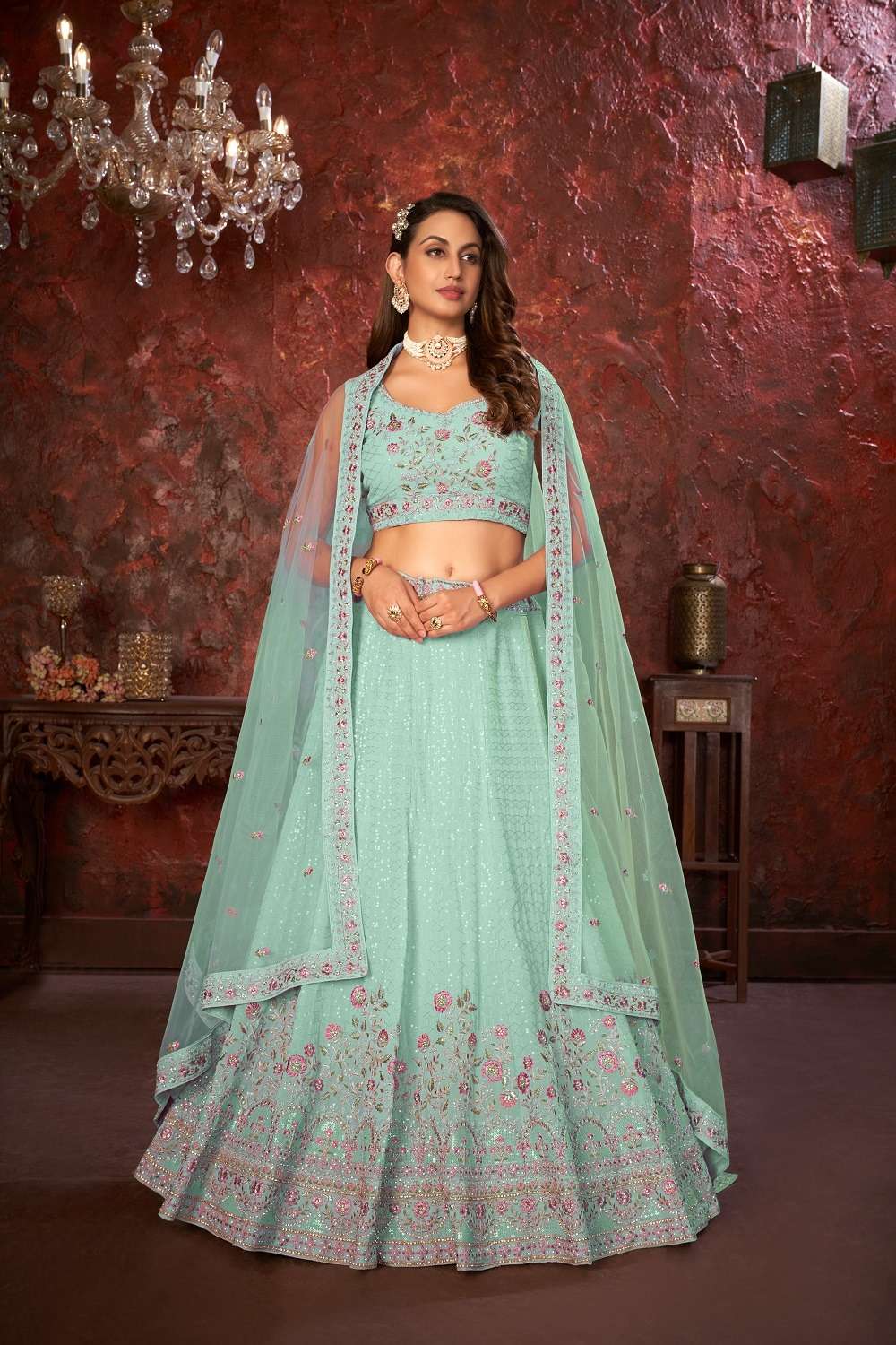 INDIAN DESIGNER PARTY WEAR PURE GEORGETTE TEAL GREEN LEHENGA WITH THREAD SEQUENCE JARI WORK NON SM 9002