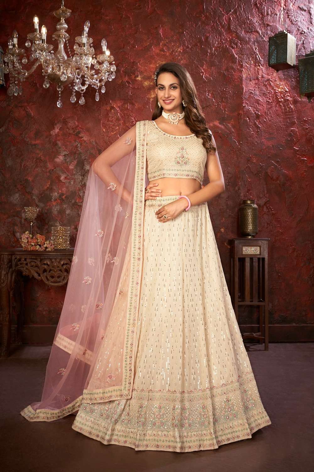 INDIAN DESIGNER PARTY WEAR PURE GEORGETTE WHITE LEHENGA WITH THREAD SEQUENCE JARI WORK NON SM 9007