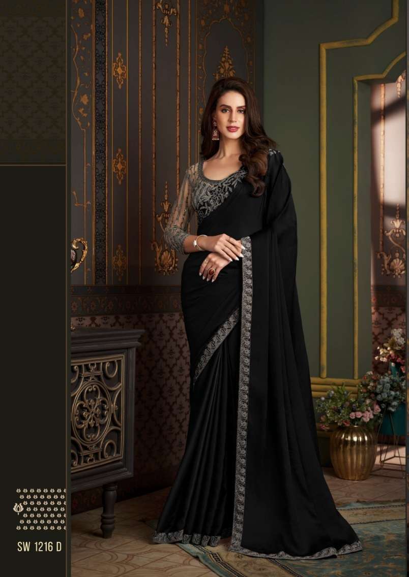 LATEST DESIGNER FANCY WEDDING PARTY WEAR BLACK SARTIN SILK INDIAN SAREE WITH SM TFH 1216 D