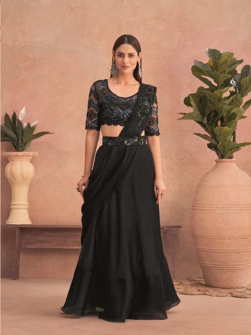 LATEST DESIGNER FANCY WEDDING PARTY WEAR BLACK SATIN SILK INDIAN SAREE WITH BELT SM TFH SUPER STAR 7302 A