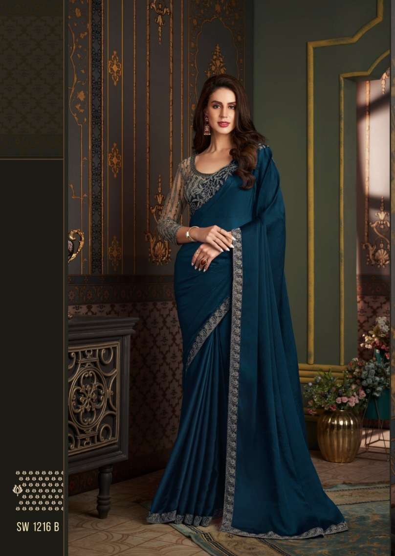 LATEST DESIGNER FANCY WEDDING PARTY WEAR BLUE SARTIN SILK INDIAN SAREE WITH SM TFH 1216 B