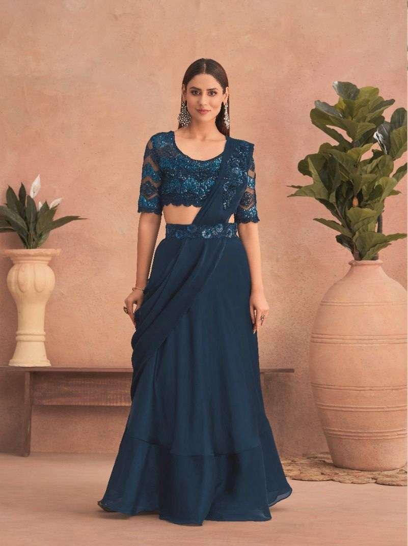 LATEST DESIGNER FANCY WEDDING PARTY WEAR BLUE SATIN SILK INDIAN SAREE WITH BELT SM TFH SUPER STAR 7302 E