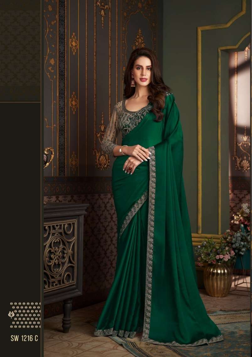 LATEST DESIGNER FANCY WEDDING PARTY WEAR GREEN SARTIN SILK INDIAN SAREE WITH SM TFH 1216 C