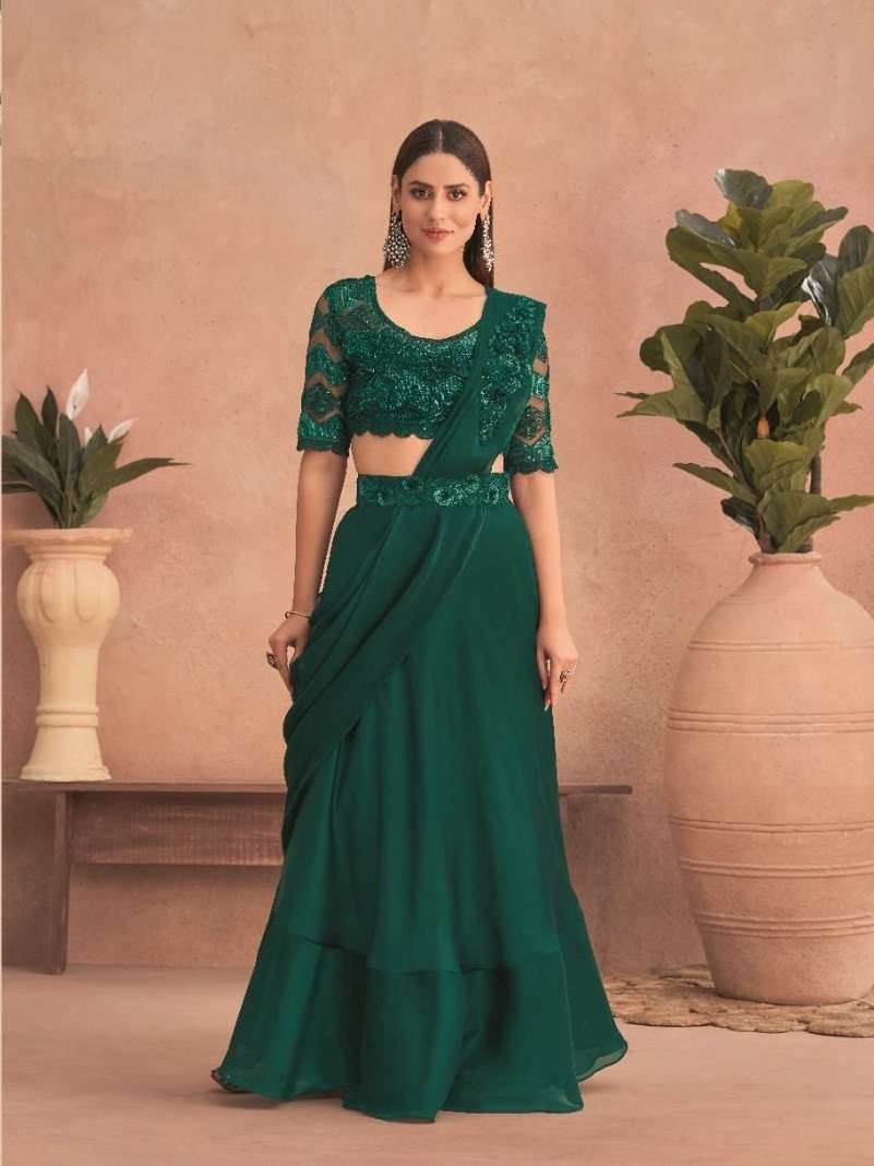 LATEST DESIGNER FANCY WEDDING PARTY WEAR GREEN SATIN SILK INDIAN SAREE WITH BELT SM TFH SUPER STAR 7302 C