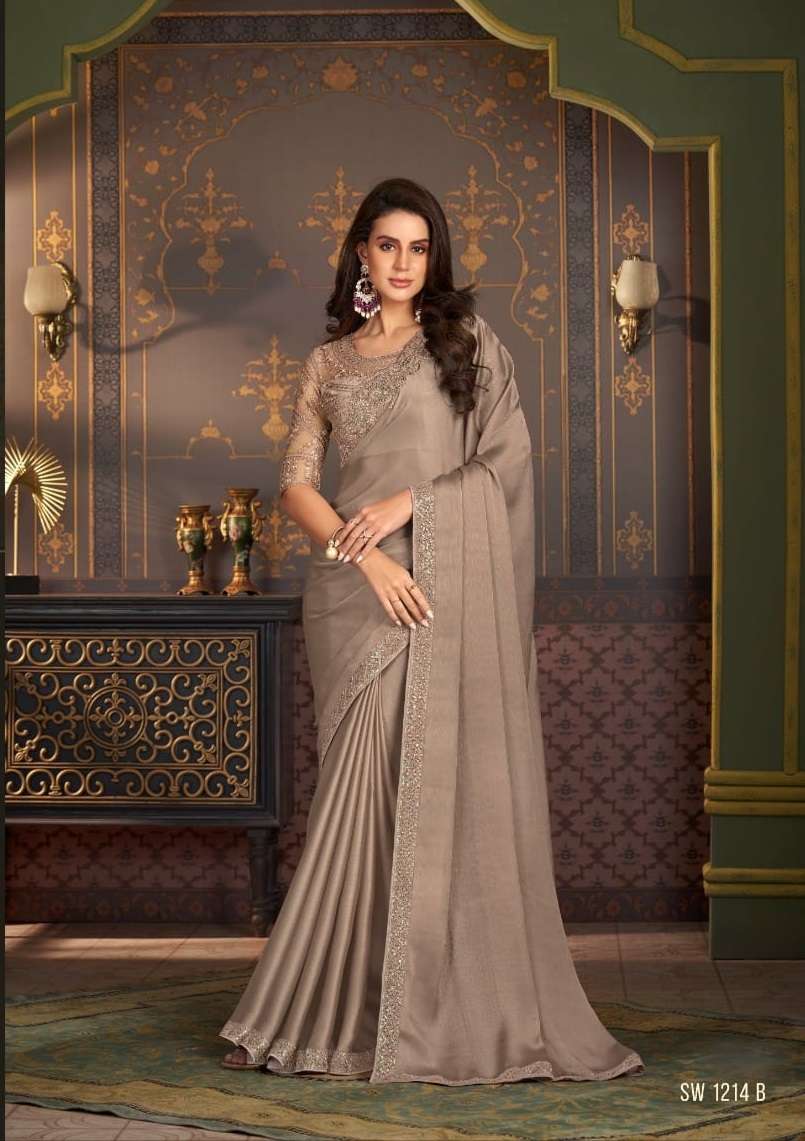 LATEST DESIGNER FANCY WEDDING PARTY WEAR GREY SARTIN SILK INDIAN SAREE WITH SM TFH 1214 B