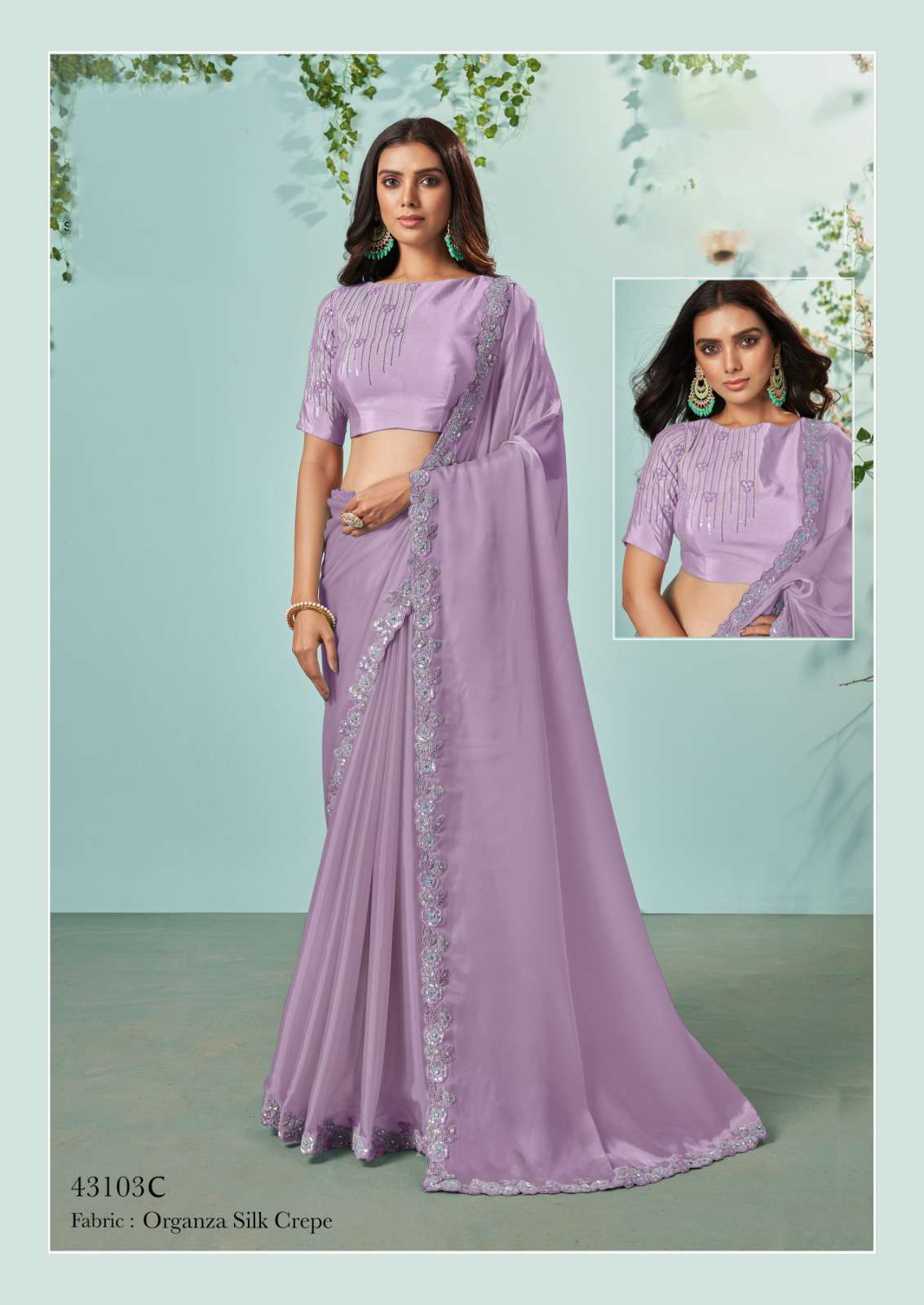 LATEST DESIGNER FANCY WEDDING PARTY WEAR LAVENDER FANCY SILK INDIAN SAREE WITH SM TFH 43103 C