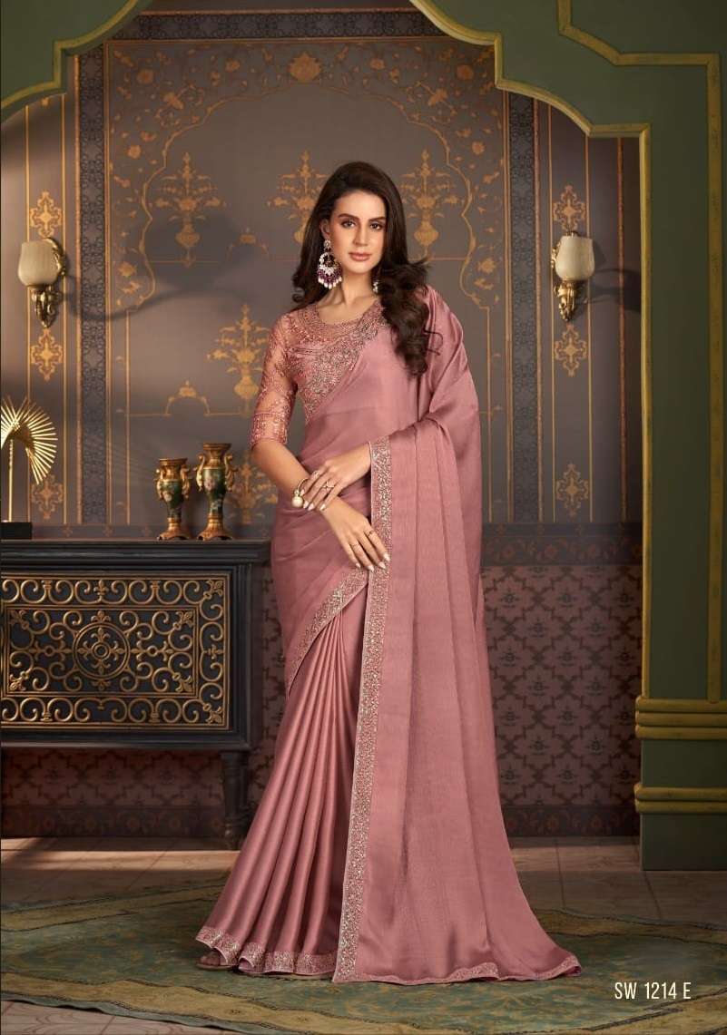 LATEST DESIGNER FANCY WEDDING PARTY WEAR PEACE SARTIN SILK INDIAN SAREE WITH SM TFH 1214 E