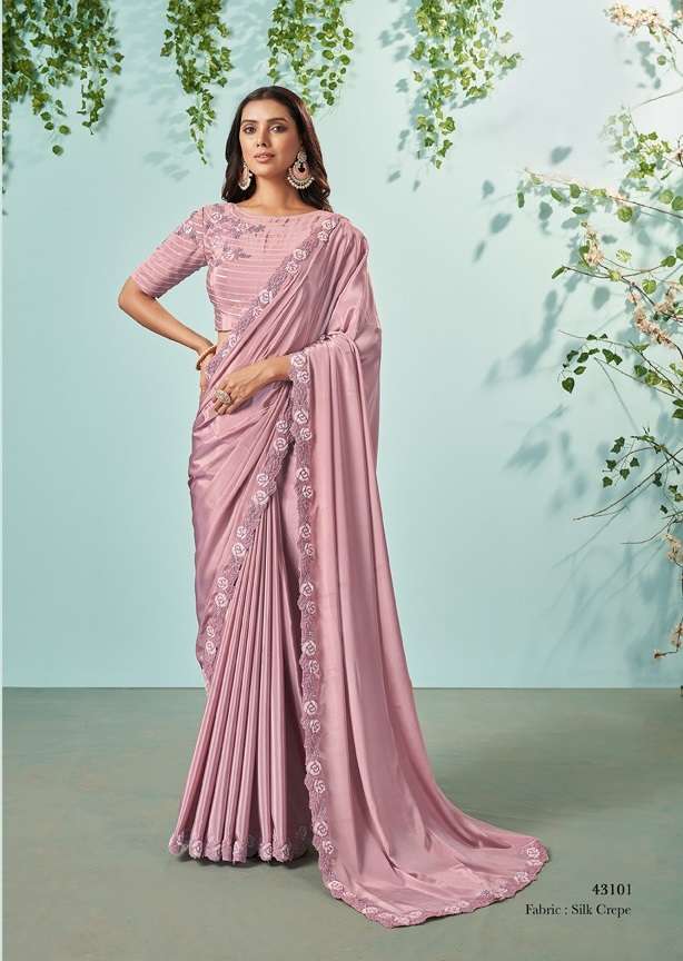 LATEST DESIGNER FANCY WEDDING PARTY WEAR PINK FANCY SILK INDIAN SAREE WITH SM TFH 43101