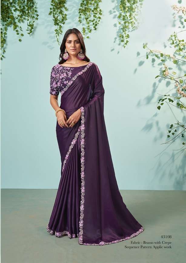 LATEST DESIGNER FANCY WEDDING PARTY WEAR PURPLE FANCY SILK INDIAN SAREE WITH SM TFH 43108