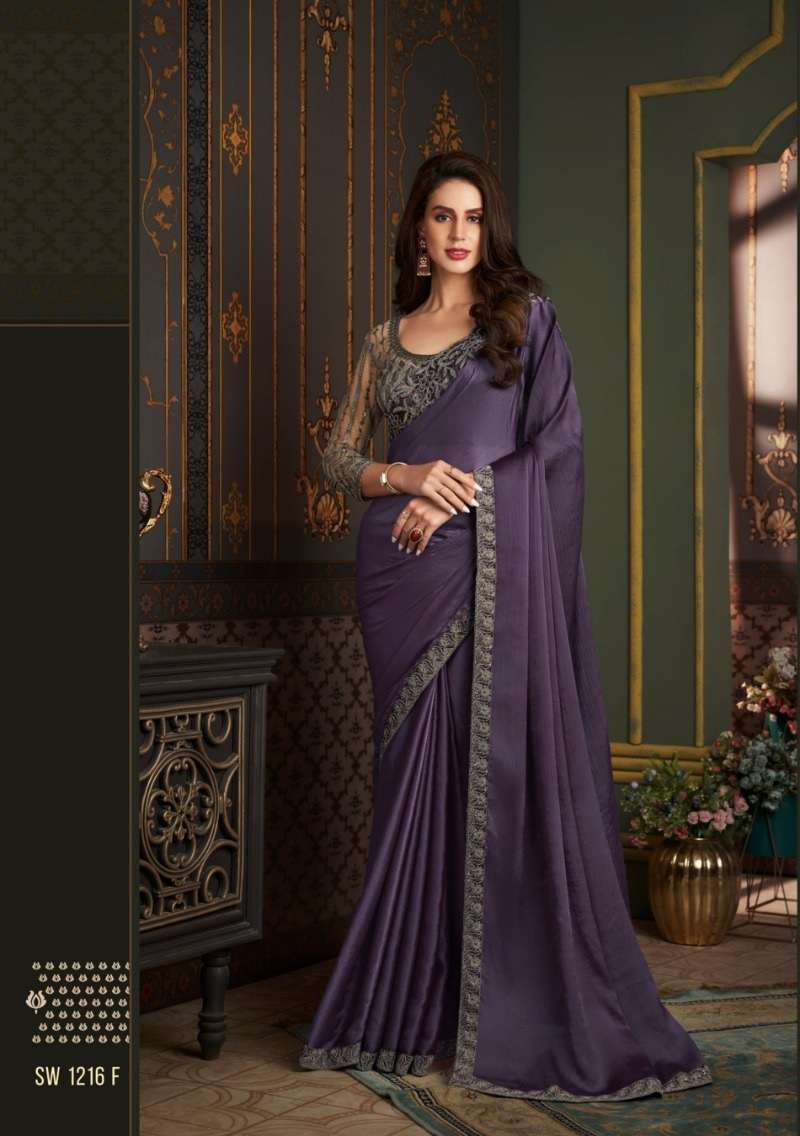 LATEST DESIGNER FANCY WEDDING PARTY WEAR PURPLE SARTIN SILK INDIAN SAREE WITH SM TFH 1216 F