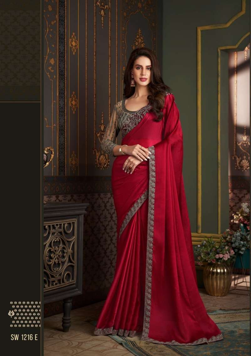 LATEST DESIGNER FANCY WEDDING PARTY WEAR RED SARTIN SILK INDIAN SAREE WITH SM TFH 1216 E