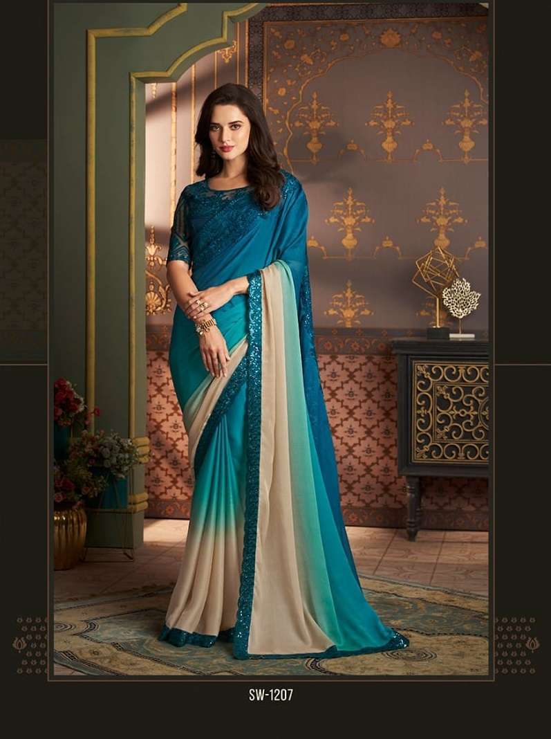 LATEST DESIGNER FANCY WEDDING PARTY WEAR SARTIN BLUE SILK INDIAN SAREE WITH SM TFH 1207