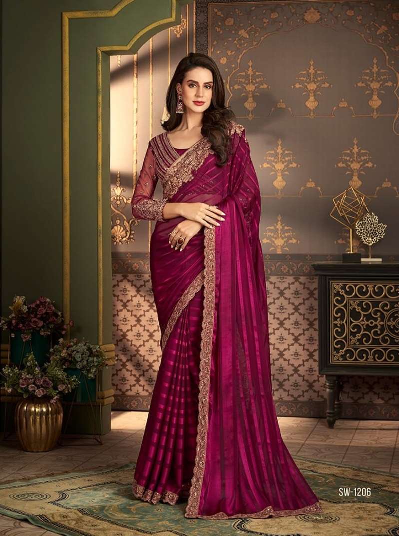 LATEST DESIGNER FANCY WEDDING PARTY WEAR SARTIN MAROON SILK INDIAN SAREE WITH SM TFH 1206