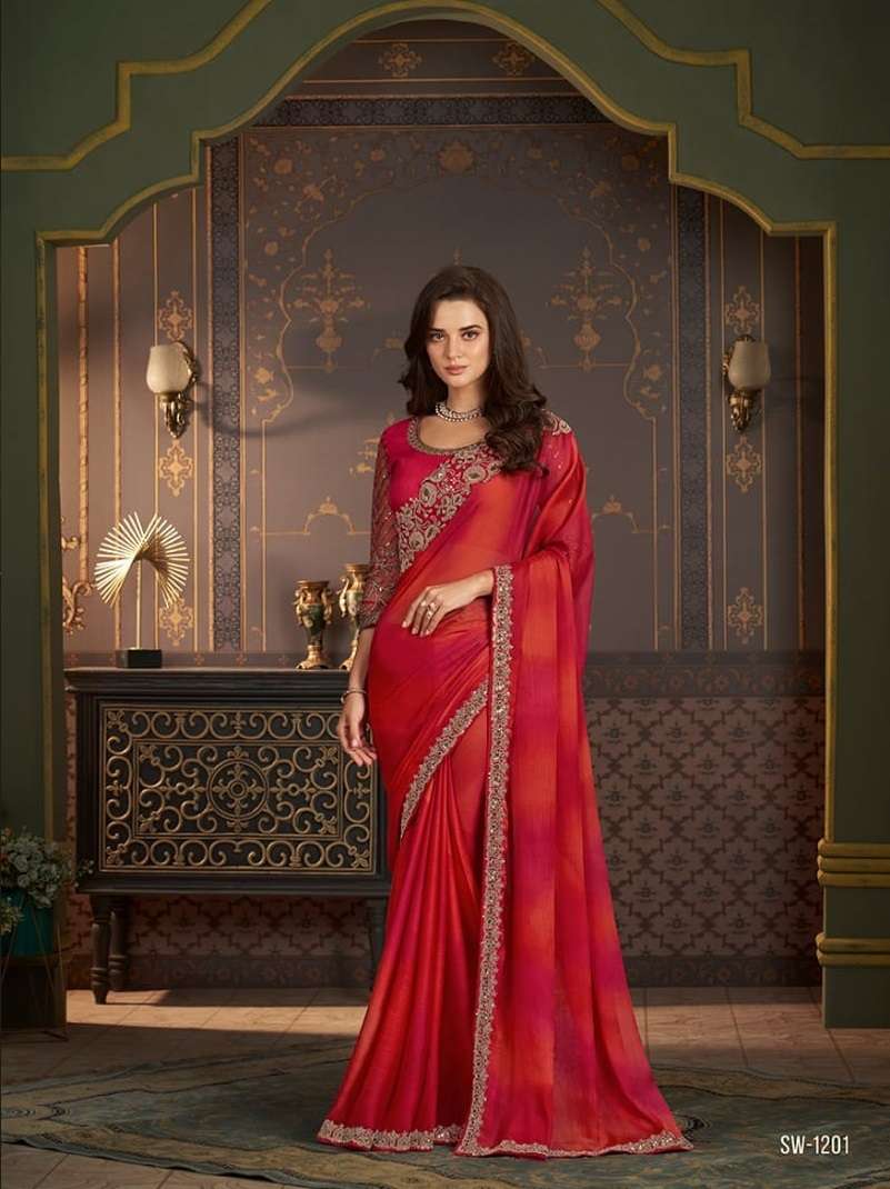 LATEST DESIGNER FANCY WEDDING PARTY WEAR SARTIN SILK INDIAN RED SAREE WITH SM TFH 1201