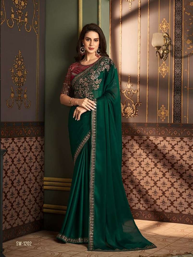 LATEST DESIGNER FANCY WEDDING PARTY WEAR SARTIN SILK INDIAN GREEN SAREE WITH SM TFH 1202