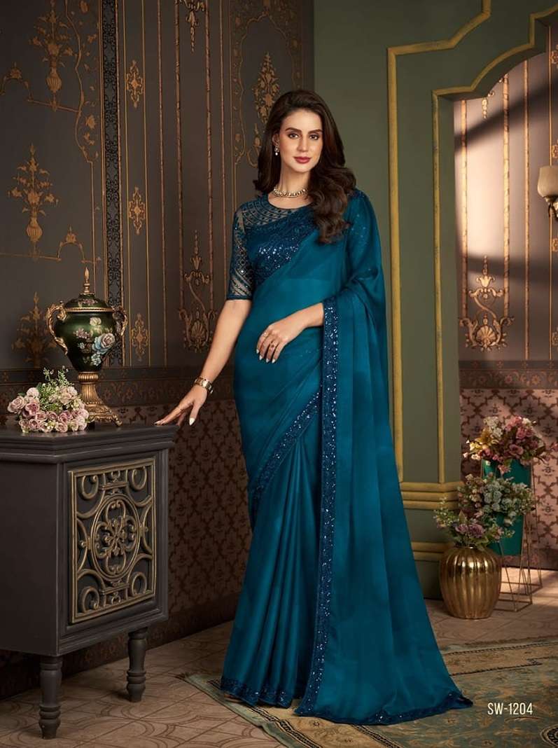 LATEST DESIGNER FANCY WEDDING PARTY WEAR SARTIN SILK BLUE INDIAN SAREE WITH SM TFH 1204