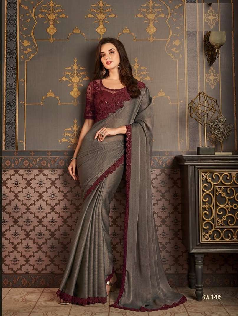 LATEST DESIGNER FANCY WEDDING PARTY WEAR SARTIN SILK INDIAN GREY SAREE WITH SM TFH 1205