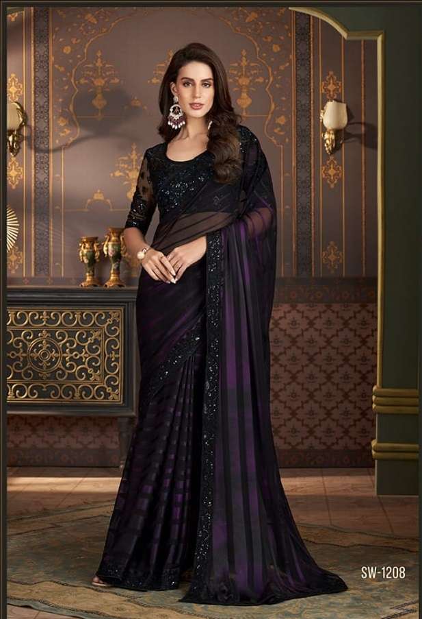 LATEST DESIGNER FANCY WEDDING PARTY WEAR SARTIN SILK INDIAN PURPLE SAREE WITH SM TFH 1208